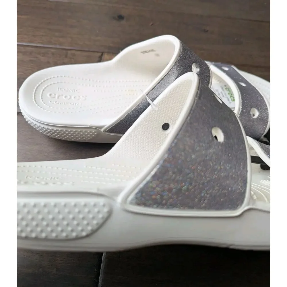 NEW Crocs Men’s Classic Glitter II Slide Sandals White Silver Size M 13